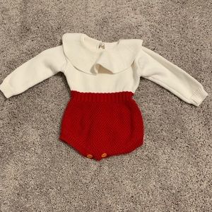 Red and white knit baby suit